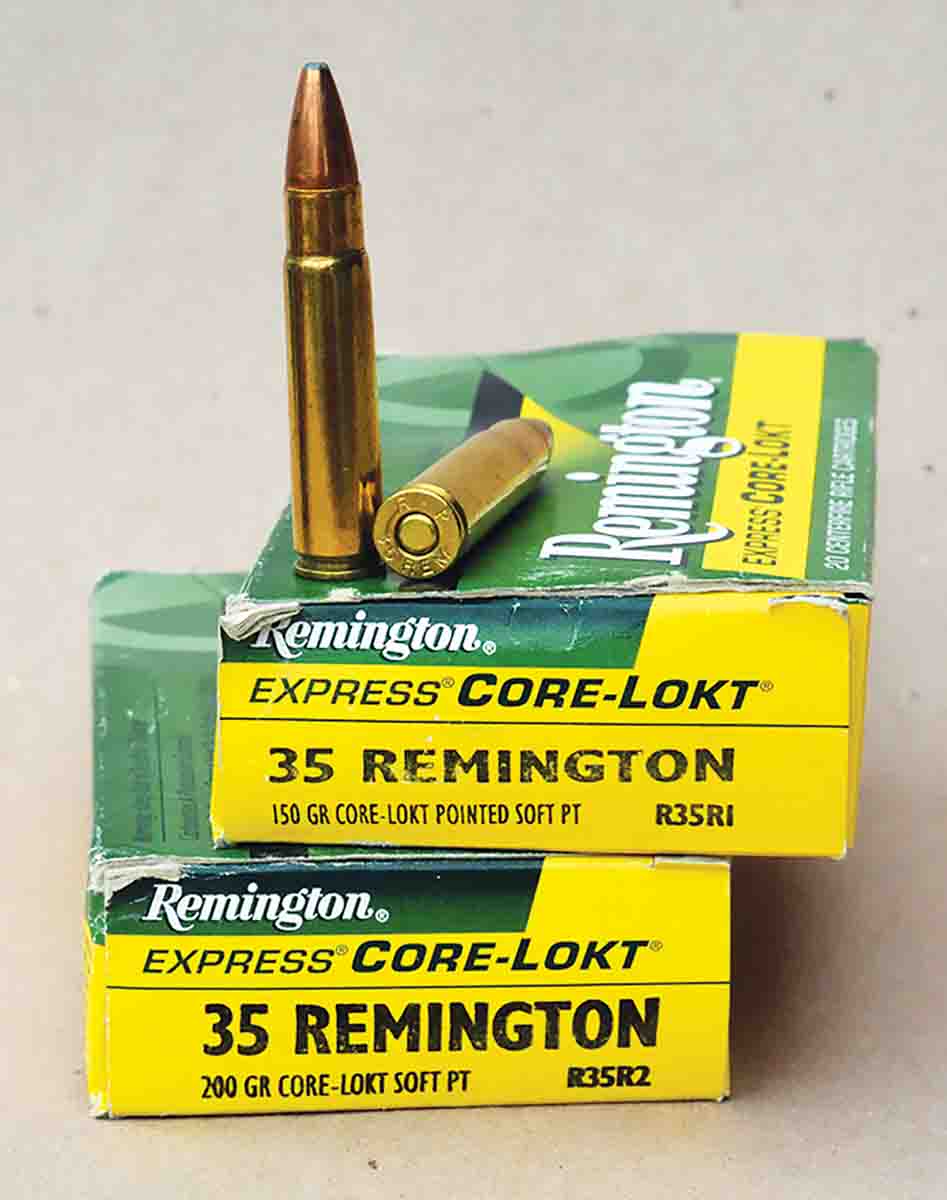 Remington offers two .35 Remington factory loads that list a 150-grain bullet at 2,300 fps or a 200-grain bullet at 2,080 fps.